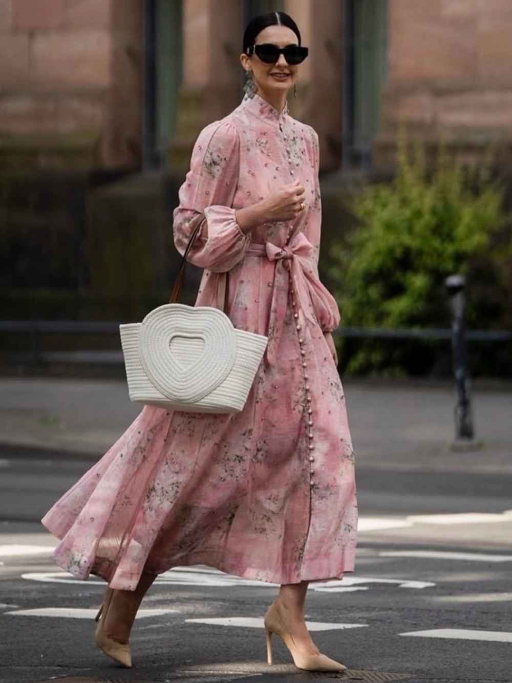 Pink Floral Tie-Waist Long Dress S/M